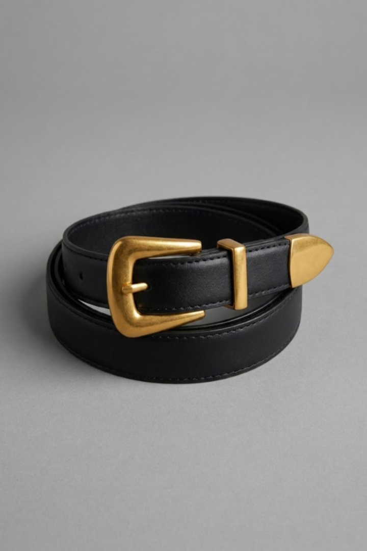 Inna חגורת עור שחורה בעלת אבזם עבה זהב משכית