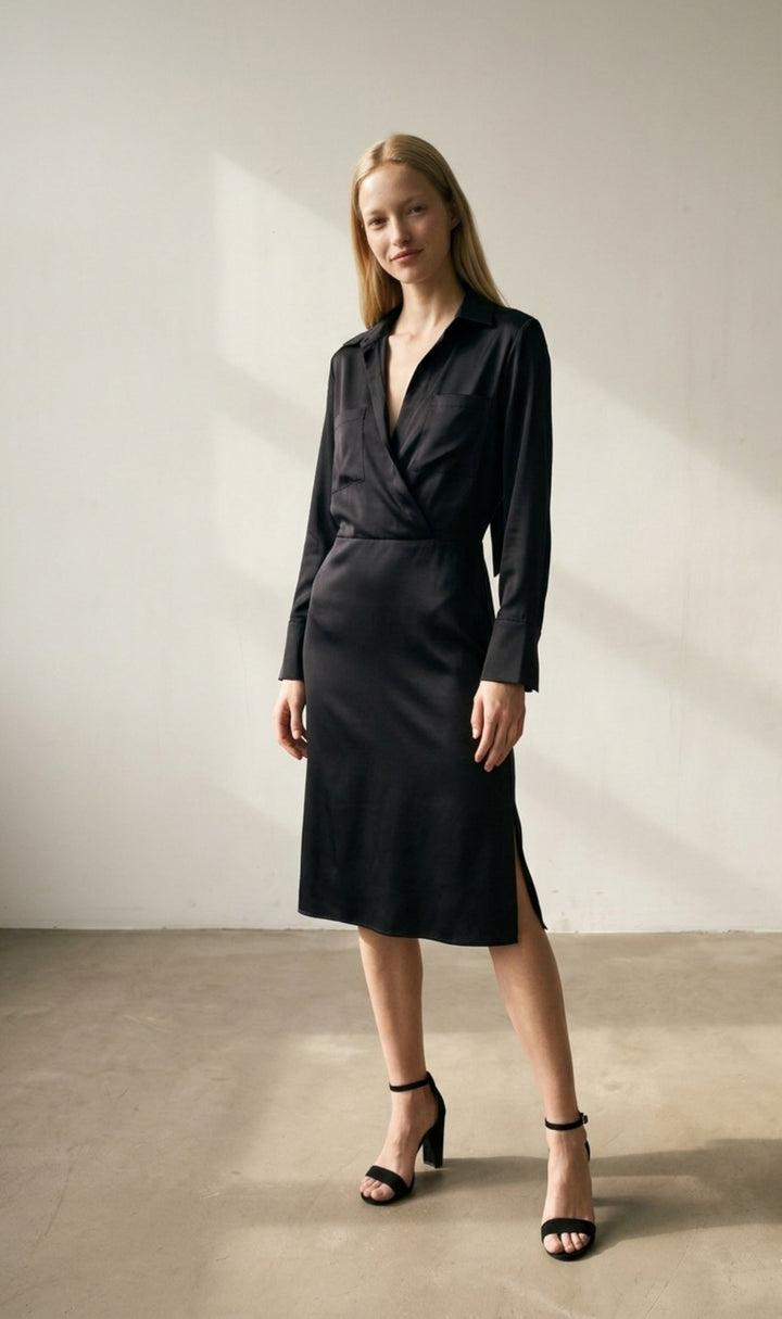 Sophia שמלה שחורה מסאטן מייקרופייבר איכותי בעלת מפתח ווי עמוק וגב פתוח משכית