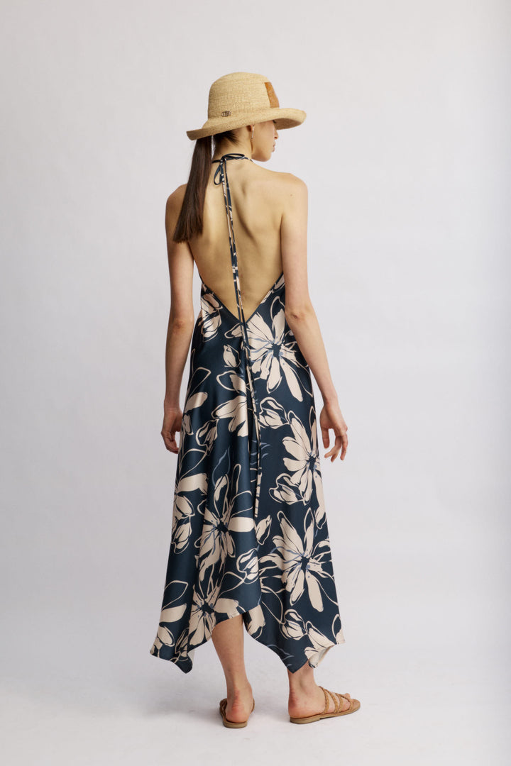 Daisy שמלת מידי כחולה עם מפתח ווי וגב פתוח בעלת סיומת א-סימטרית משכית