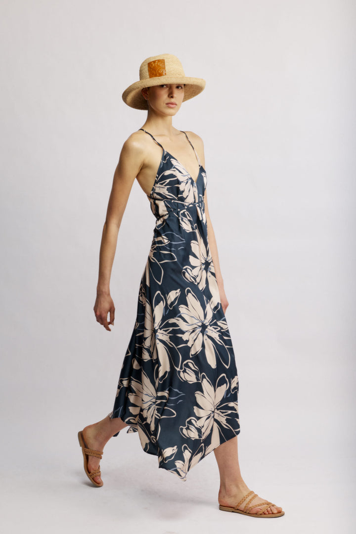 Daisy שמלת מידי כחולה עם מפתח ווי וגב פתוח בעלת סיומת א-סימטרית משכית