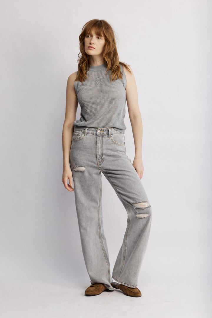 Madison ג'ינס קלאסי אפור בגזרה גבוהה ורגל ישרה 100% כותנה משכית