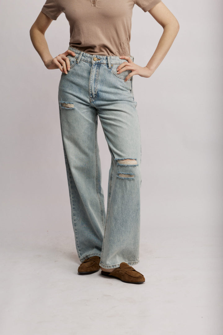 Madison ג'ינס קלאסי תכלת בגזרה גבוהה ורגל ישרה 100% כותנה משכית